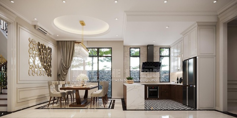 Trang trí nội thất mở sang trọng từ phòng ăn liền bếp không vách ngăn. thiết kế thi công nội thất biệt thự cao cấp