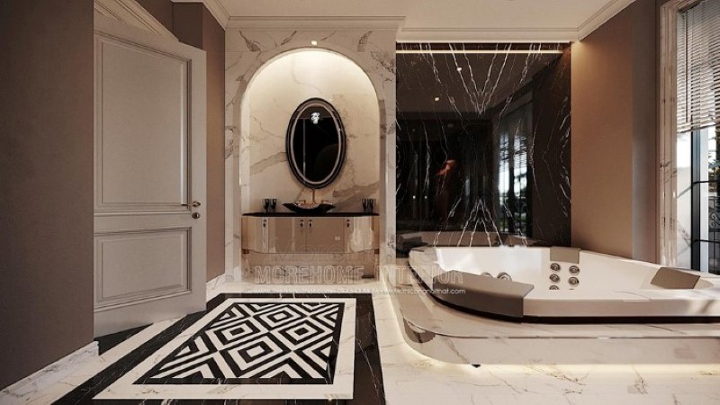 Bố trí nội thất phòng tắm có bồn đẹp, sang trọng tại biệt thự Vinhomes Imperia Hải Phòng. thiết kế thi công nội thất biệt thự cao cấp
