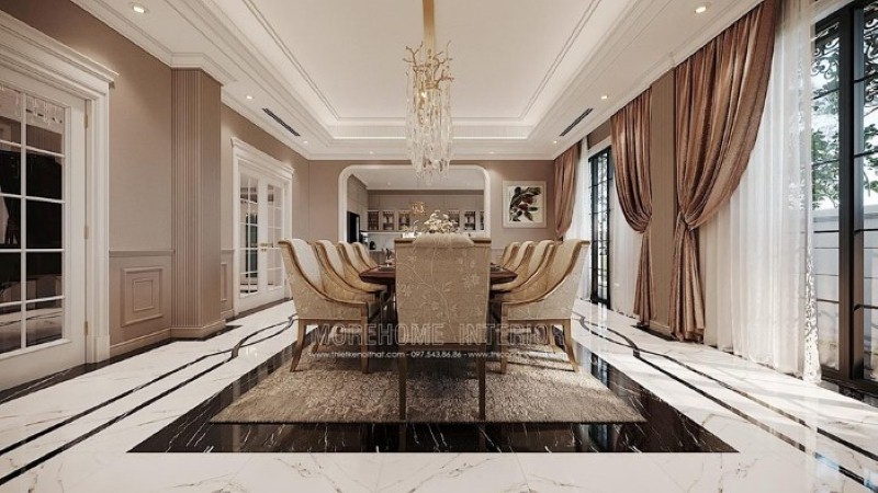 Thiết kế nội thất phòng ăn đẹp, sang trọng mang đậm dấu ấn phong cách đương đại nhẹ nhàng, tinh tế. thiết kế thi công nội thất biệt thự cao cấp