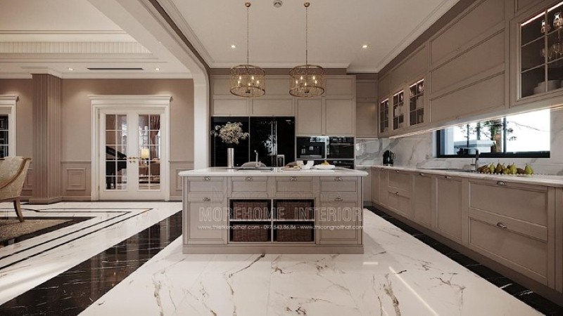 Thiết kế nội thất phòng bếp sang trọng ấn tượng với bộ tủ bếp tân cổ điển cao cấp, quý phái. thiết kế thi công nội thất biệt thự cao cấp