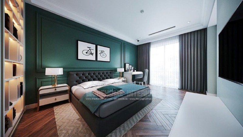 Giường bọc nệm đẹp ấn tượng với kiểu dáng vuông vắn kết hợp các nút nệm đầu giường tạo cảm giác êm ái, sang trọng cho phòng ngủ đương đại. thiết kế thi công nội thất biệt thự cao cấp