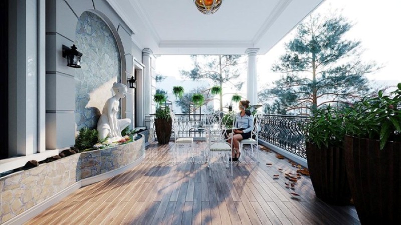 Bức tượng trắng đơn sắc tạo điểm nhấn phong thủy độc đáo cho khu vực giải trí ngoài trời. thiết kế thi công nội thất biệt thự cao cấp