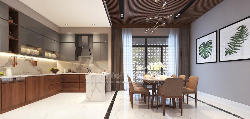 Trang trí nội thất phòng bếp liền phòng ăn đẹp, hiện đại, sang trọng cho biệt thự, nhà phố tại Vinh, Nghệ An. thiết kế thi công nội thất biệt thự cao cấp