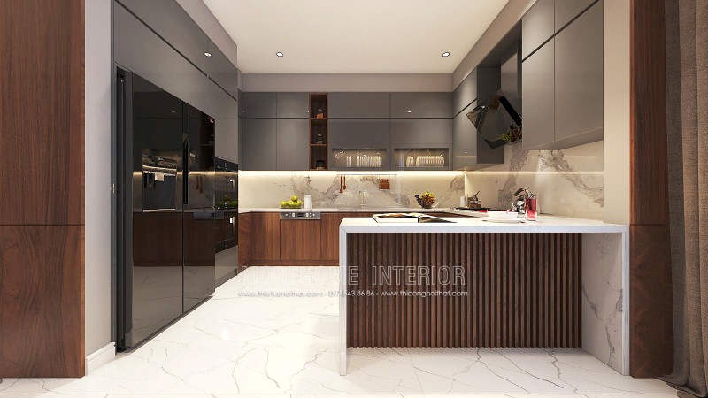 Thiết kế nội thất phòng bếp độc đáo từ gỗ laminate cao cấp kết hợp cùng đá ốp bếp sang trọng. thiết kế thi công nội thất biệt thự cao cấp