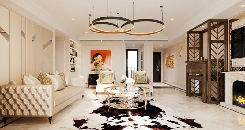Thiết kế nội thất phòng khách chung cư cao cấp bà tiện nghi Thiết kế phòng khách chung cư tân cổ điển độc đáo, sang trọng
