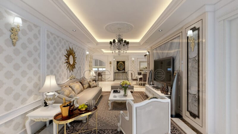 Thiết kế nội thất phòng khách chung cư đẹp Thiết kế phòng khách chung cư tân cổ điển độc đáo, sang trọng