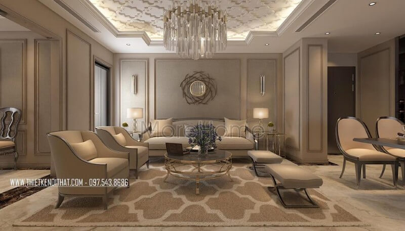 Thiết kế nội thất phòng khách được lựa chọn tông màu xám lạnh là chủ đạo, bắt đầu từ bộ sofa vải màu xám sữa kết được đặt trong không gian căn phòng cùng màu Thiết kế phòng khách chung cư tân cổ điển độc đáo, sang trọng