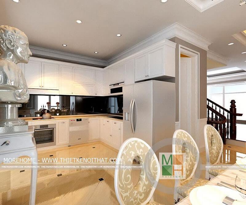 Thiết kế nội thất phòng bếp gỗ tân cổ điển, mặt tường bếp ốp đá màu đen cao cấp tạo không gian sạch sẽ và thoải mái Thiết kế nội thất phòng bếp biệt thự tân cổ điển