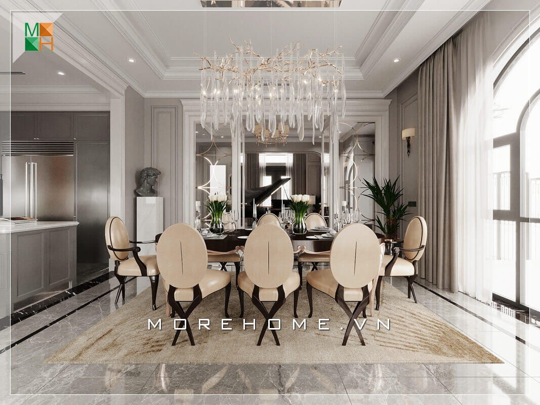 Ấn tượng mẫu bàn ăn 8 ghế bọc da chân gỗ óc chó cao cấp mang phong cách tân cổ điển rất phù hợp với không gian phòng ăn biệt thự cao cấp. Thi công nội thất biệt thự
