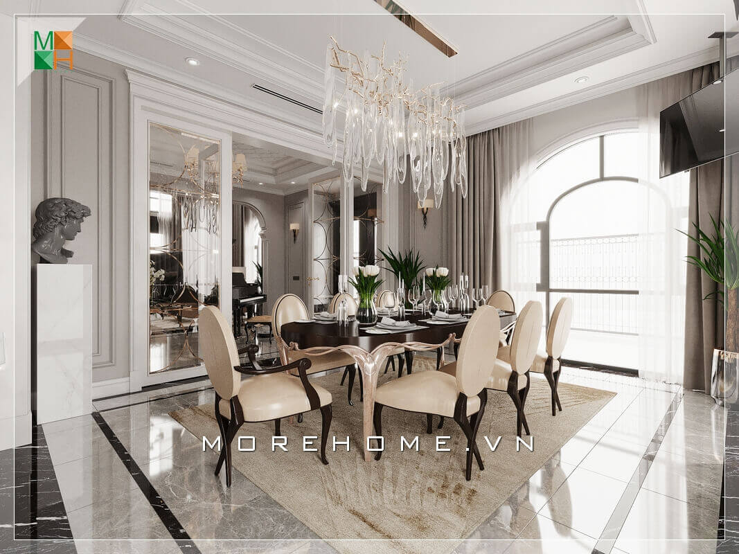 Mẫu thiết kế phòng ăn chung cư, biệt thự mang phong cách tân cổ điển cao cấp. Thi công nội thất biệt thự