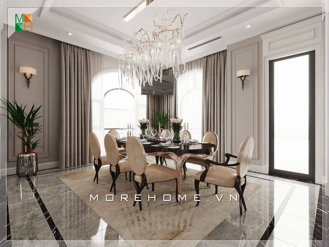 Mẫu thiết kế nội thất phòng ăn mang phong cách tân cổ điển sang trọng, đẳng cấp cho biệt thự. Thi công nội thất biệt thự