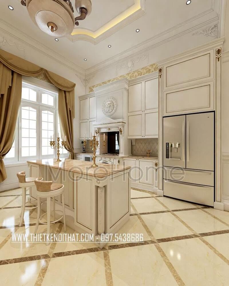 Thiết kế nội thất bếp sang trọng với hệ thống tủ bếp màu trắng đường nét tân cổ điển trang trí tỉ mỉ, tinh tế Thiết kế phòng bếp biệt thự tân cổ điển