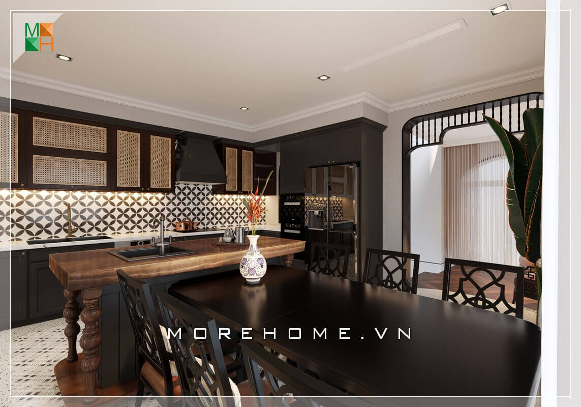 Một sự kết hợp độc đáo và lạ mắt giữa phong cách cổ điển và hiện đại, với nội thất bằng gỗ tự nhiên được thiết kế kiểu dáng truyền thống đặt trong một không gian hiện đại, với bố cục nội thất hiện đại, phù hợp biệt thự có diện tích phòng bếp lớn Thiết kế phòng bếp biệt thự tân cổ điển