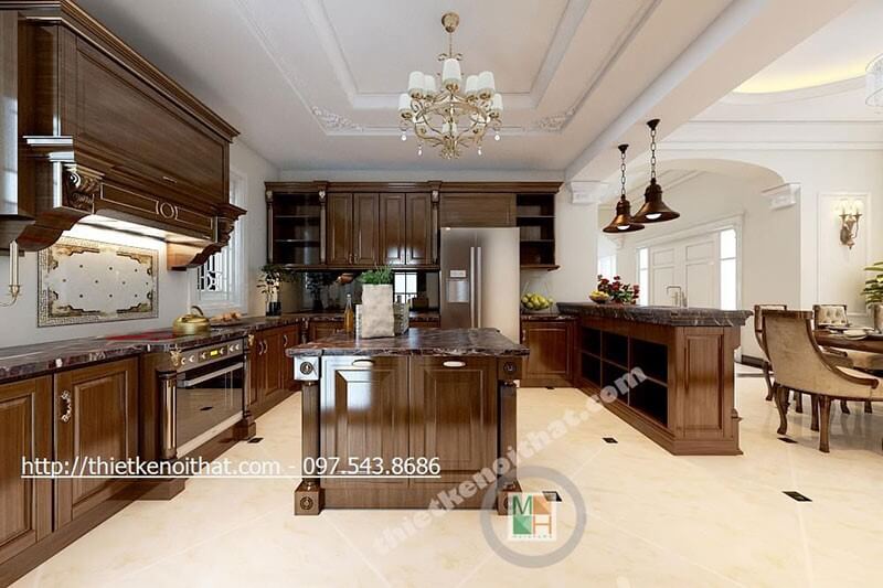 Thiết kế phòng bếp tại biệt thự gỗ hương phong cách tân cổ điển sang trọng, cuốn hút tạo không gian nấu nướng tiện nghi cho người nội trợ Thiết kế phòng bếp biệt thự tân cổ điển
